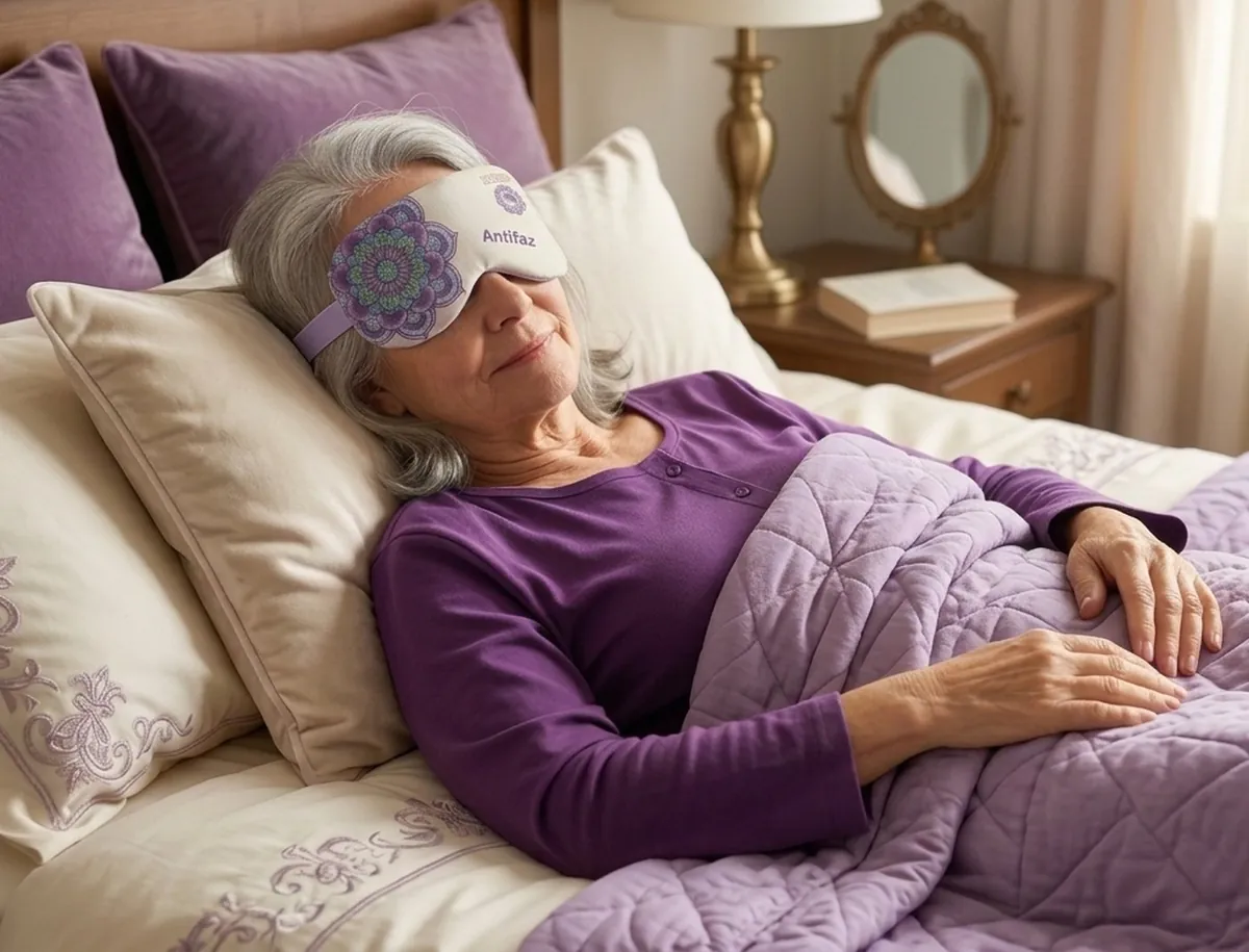 Antifaz de semillas con lavanda usado en frío para aliviar la vista cansada