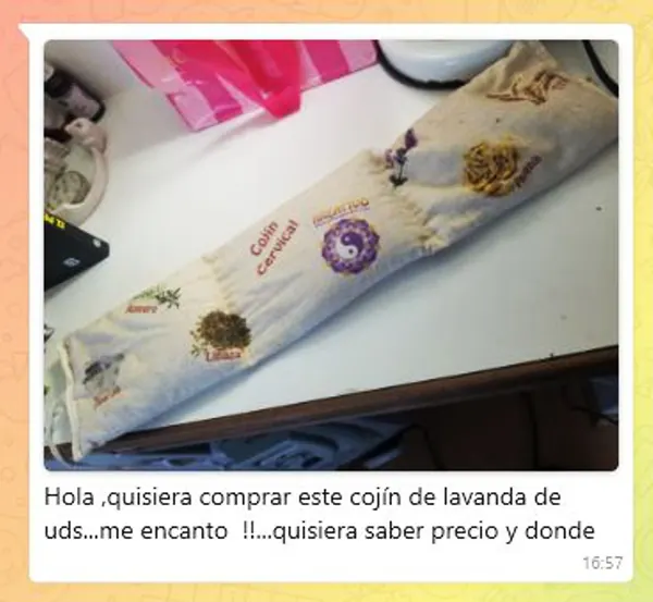 Consulta de clienta sobre un cojín de semillas de Espacio Kreativo