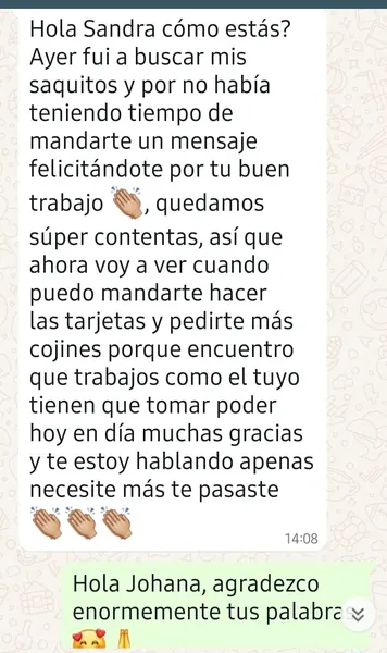 Agradecimiento de clienta a Espacio Kreativo por WhatsApp