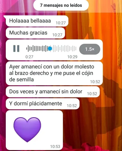 Testimonio de clienta por WhatsApp sobre sus cojines de semillas